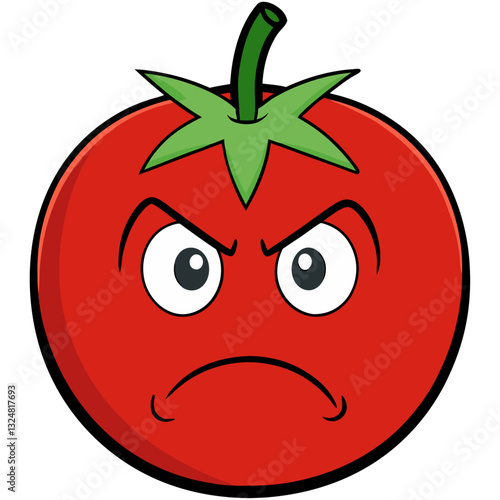 Angry red tomato with furrowed eyebrows and aggressive expression.