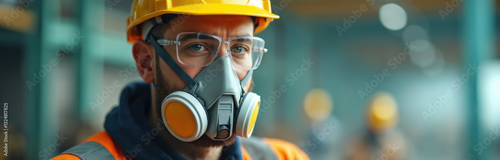 Portrait of worker in hard hat, safety glasses, wearing full face respirator, emphasizing respiratory protection. Construction site background. Safety first concept, personal protective equipment for Portrait of worker in hard hat, safety glasses, wearing full face respirator, emphasizing respiratory protection. Construction site background. Safety first concept, personal protective equipment for