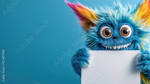A furry blue monster with colorful hair and big expressive eyes cheerfully holds up a blank sign against a vibrant blue background. This playful character exudes a fun and inviting atmosphere