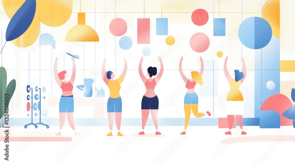 Group fitness class with diverse women exercising indoors in modern studio Group fitness class with diverse women exercising indoors in modern studio