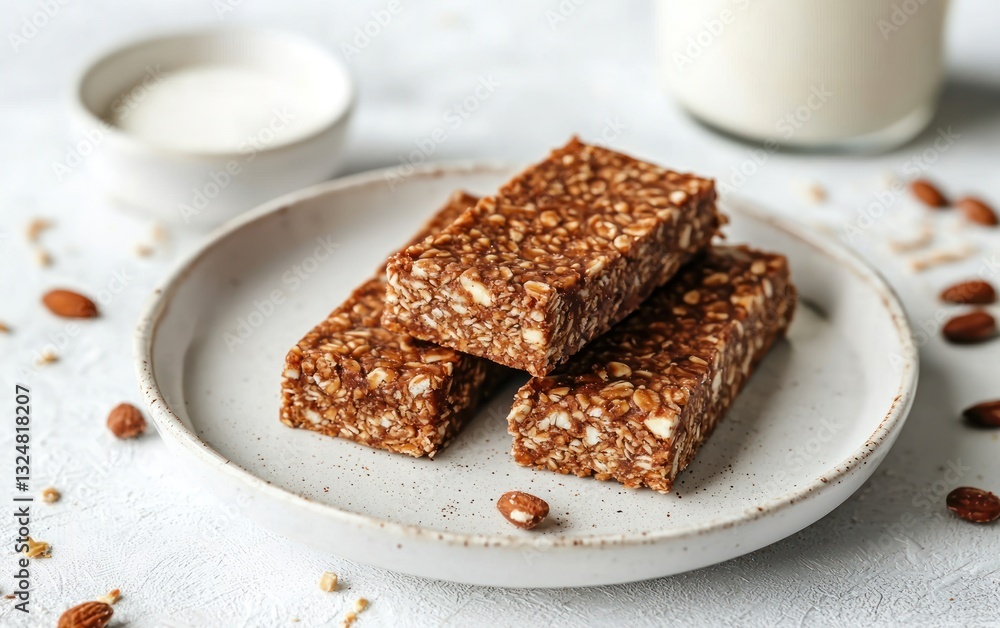 Homemade Granola Bars with Almonds on a Plate Homemade Granola Bars with Almonds on a Plate