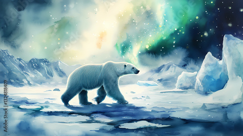 A serene watercolor of a polar bear walking on a snowy tundra with glowing auroras above. glacial - iceberg. illustration. Glacial Glow. Illustration