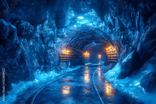 Frozen, illuminated mine tunnel