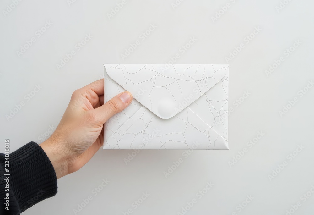 Fototapeta premium Hand Holding Elegant White Envelope with Marble Pattern on White Background