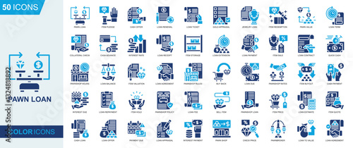 Pawn Loan icon collection set. Item Pledge, Cash Offer, Loan Renewal, Loan Ticket, Gold Appraisal, business icon. Simple flat vector