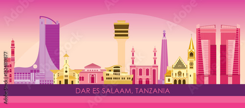Sunset Skyline panorama of city of Dar Es Salaam, Tanzania - vector illustration