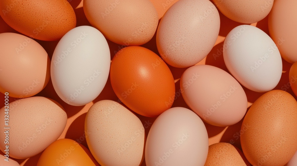 Overhead shot of light brown, orange, and white chicken eggs with different hue on solid colored backdrop, organic protein food, Easter ingredient, food ingredient. Overhead shot of light brown, orange, and white chicken eggs with different hue on solid colored backdrop, organic protein food, Easter ingredient, food ingredient.