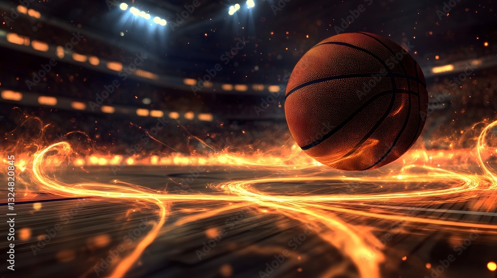 Floating Basketball with Magical Energy Swirls – Futuristic Basketball Court Design Floating Basketball with Magical Energy Swirls – Futuristic Basketball Court Design
