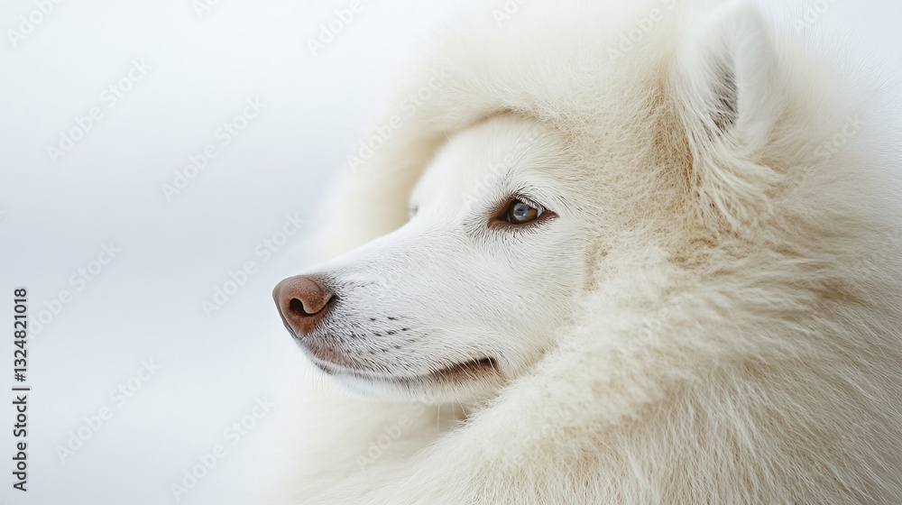 A fluffy fur coat provides warmth and protection to a dog outdoors against a white background A fluffy fur coat provides warmth and protection to a dog outdoors against a white background