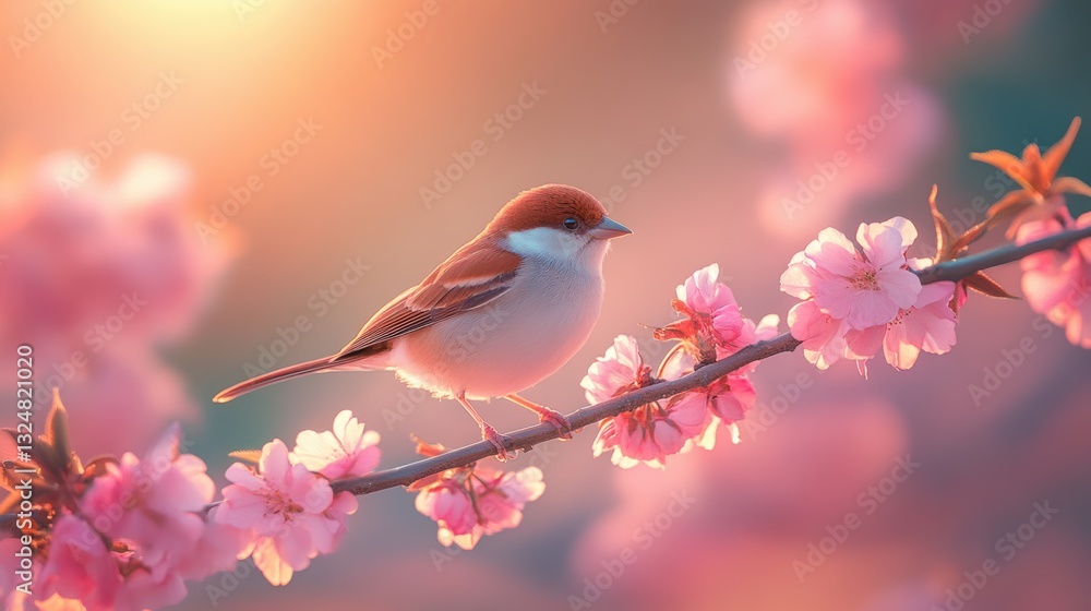 Bird on tree branch with beautiful flower in Spring. Bird on tree branch with beautiful flower in Spring.