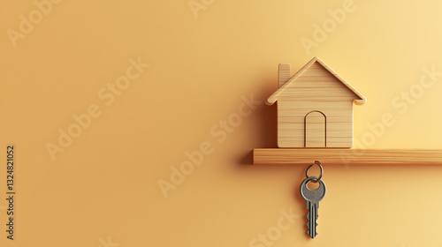 a key with a small wooden house frame and stand on yellow wall and key hanging on it