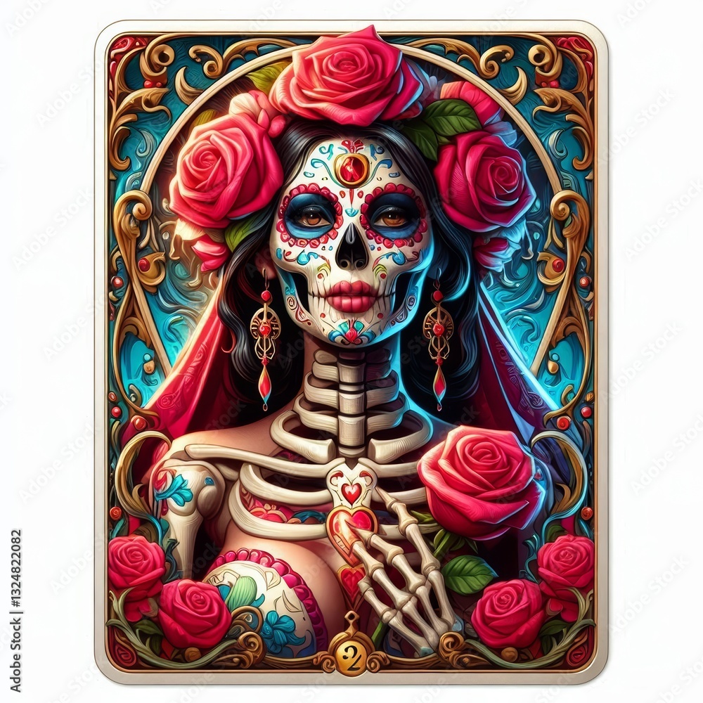 Naklejka premium La Catrina: A Floral Day of the Dead Tarot Card Depiction with Intricate Details