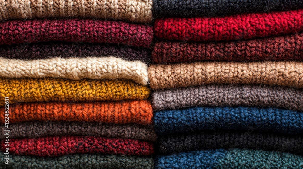 A collection of hand-knitted sweaters is neatly folded and stacked, showcasing an array of rich colors like red, brown, and grey. The cozy texture creates a warm atmosphere A collection of hand-knitted sweaters is neatly folded and stacked, showcasing an array of rich colors like red, brown, and grey. The cozy texture creates a warm atmosphere