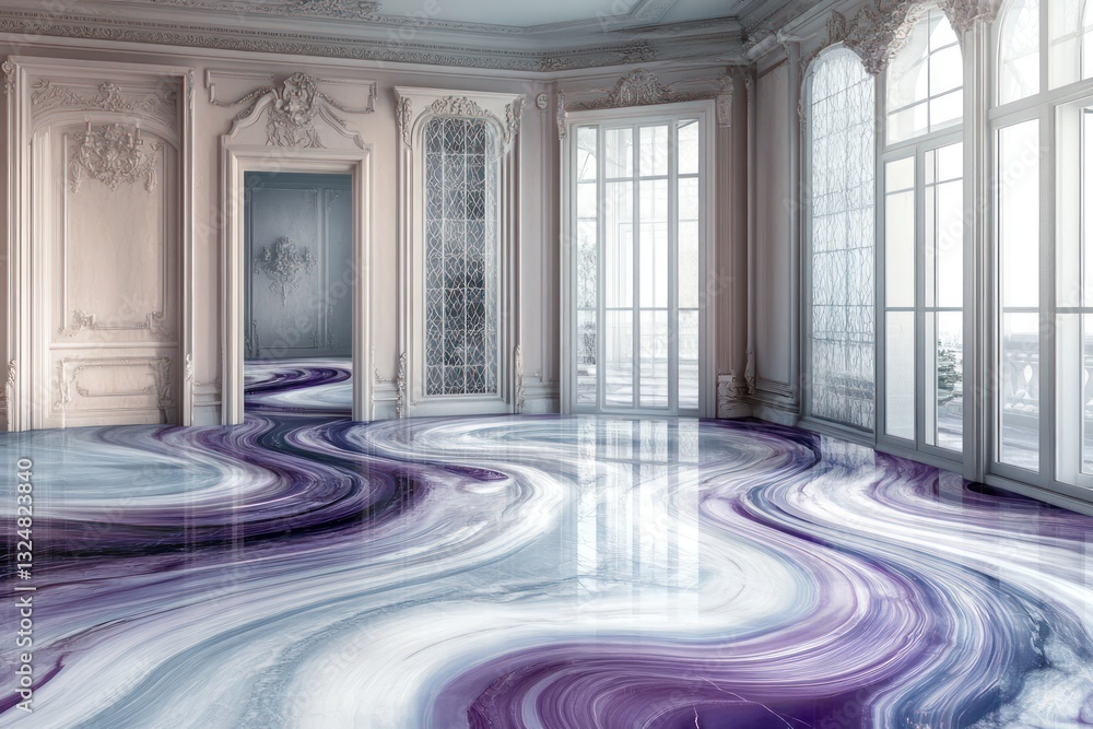 A lavish living room in an elegant mansion with a sophisticated floor design featuring fluid patterns in marble