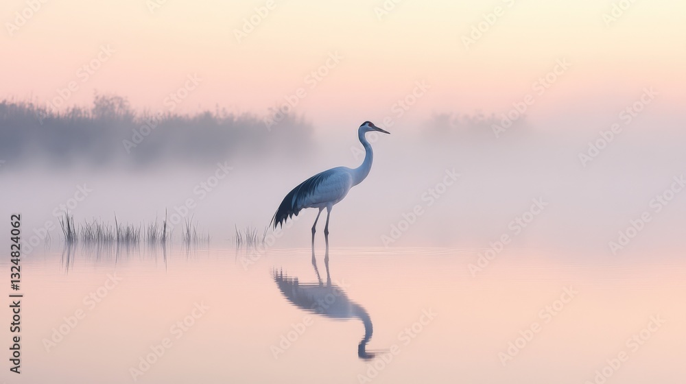 Fototapeta premium Solitary crane wading in misty lake at sunrise, reflected in calm water.