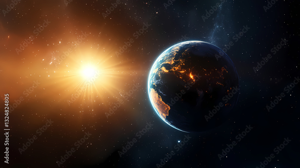 Fototapeta premium Earth in a precise orbital alignment, suns light piercing the vastness of space earth sun orbit, astronomical precision. ecliptic. illustration. Ecliptic Light. Illustration