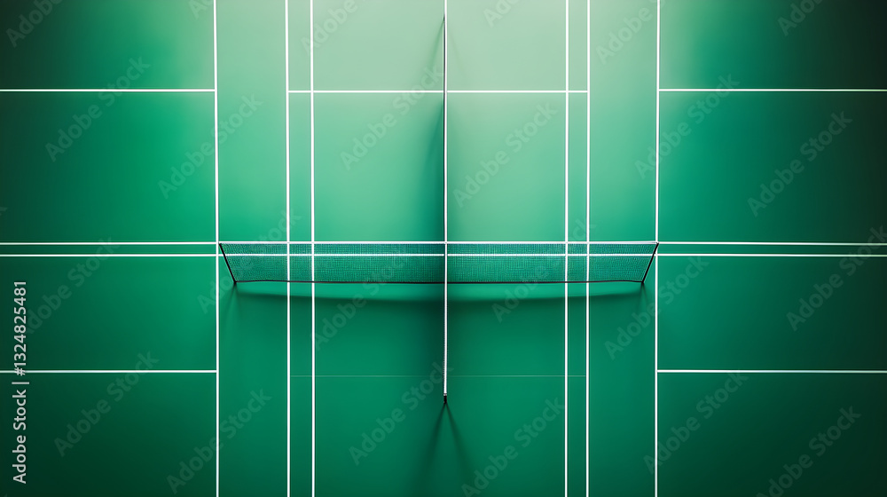 Dynamic Top-Down Perspective: A Vivid Green Badminton Court in a Serene Sports Hall Setting Dynamic Top-Down Perspective: A Vivid Green Badminton Court in a Serene Sports Hall Setting