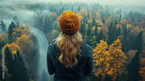 Autumnal Vista: Woman Contemplating Scenic Road Winding Through Misty Forest