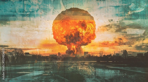 Wallpaper Mural A massive explosion illuminates the evening sky with vibrant orange and yellow hues as the sun sets Torontodigital.ca