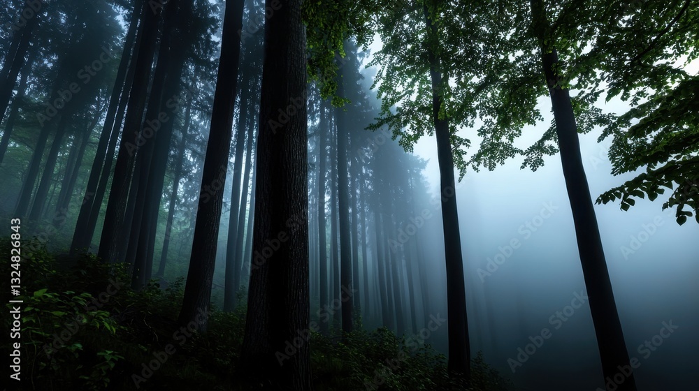 Obraz premium A tranquil forest is shrouded in mist as tall trees rise majestically. The early morning light filters through the fog, creating a peaceful atmosphere