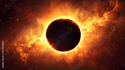 Stunning view of a solar eclipse showcasing a darkened sun with radiant corona in the background. Ecliptic Light. Illustration