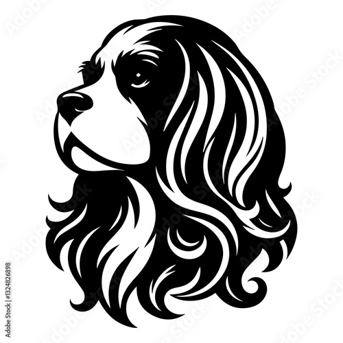 Cavalier King Charles spaniel's head is a black and white logo. EPS vector graphics.