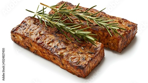 seitan steack with rosemary on white background