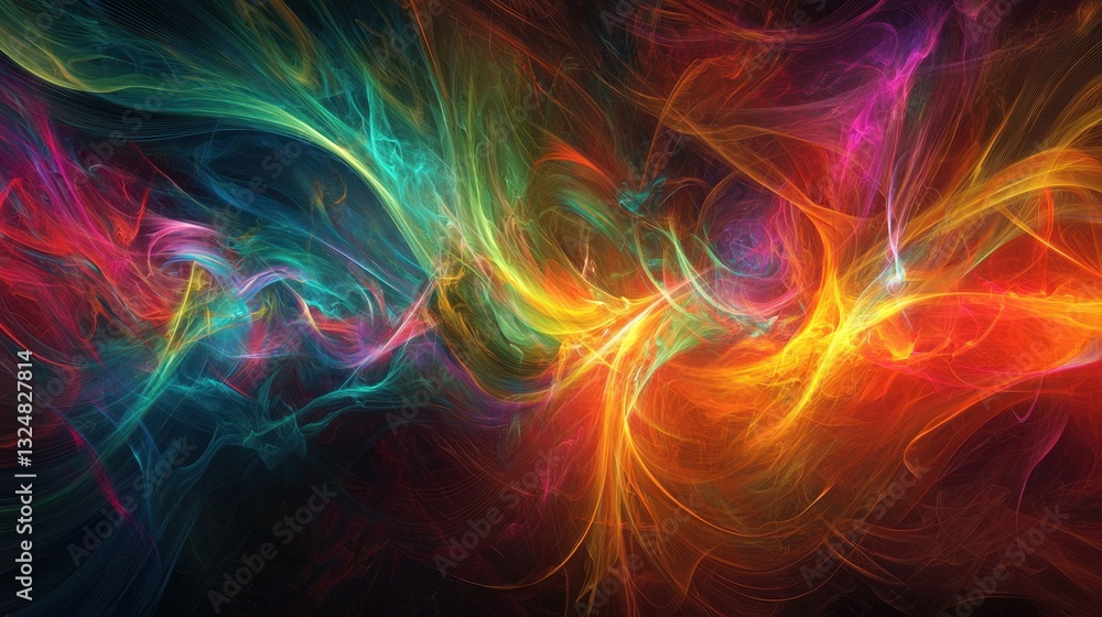 Fototapeta premium A vivid, swirling composition showcases a blend of bright colors on a dark background, creating a flowing, dynamic energy. The artwork appears full of life and creativity