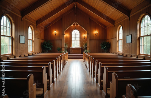 Interior of little country church in Great Smoky Mountains National Park. Empty christian building with wooden pews, altar, cross. Simple old fashioned traditional architecture, religion concept.