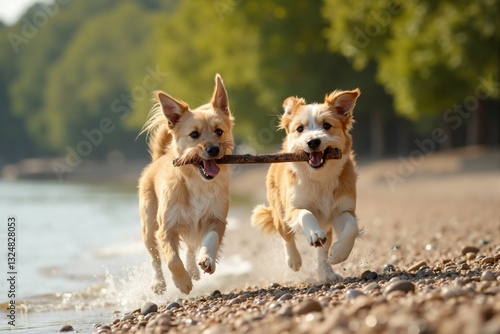 Two happy dogs running on a rocky beach sharing a stick, playful canine duo in motion on a sunny day with blurred green background