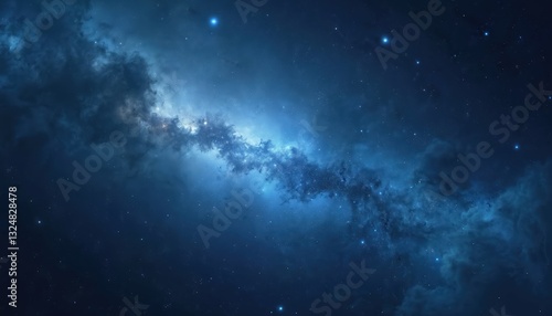 Beautiful dark blue space background with stars, nebula. Space wallpaper with light and galaxy. Dark cosmos texture, underwater clouds, universe. Futuristic three-dimensional gradient wallpaper.