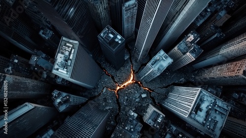 A vast cityscape reveals a significant fissure in the ground, with skyscrapers surrounding the gaping crack. The setting sun casts shadows, creating a dramatic atmosphere