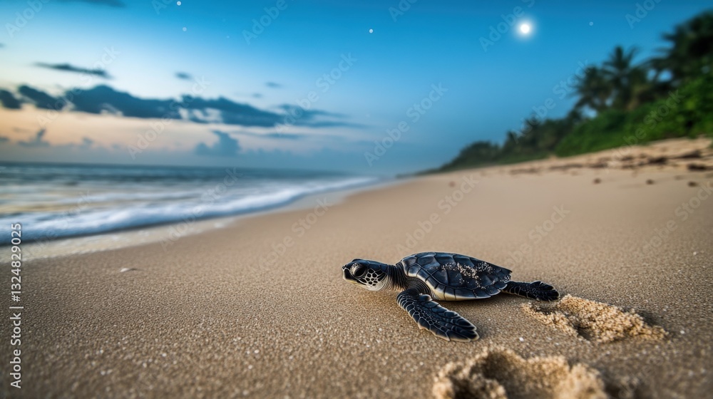 Obraz premium Baby sea turtle crawling on sandy beach towards ocean at night.