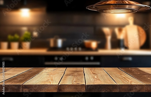 empty wooden table top with a blurred kitchen interior background for prod