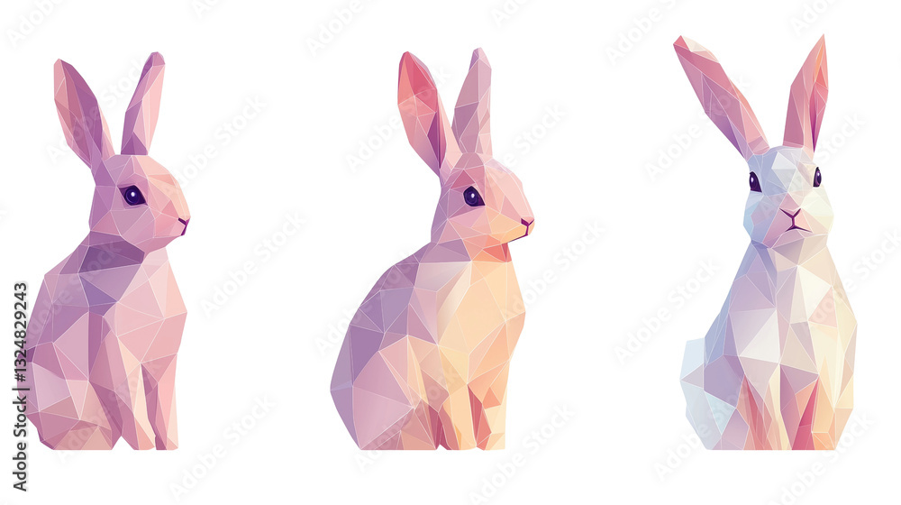 Fototapeta premium Illustration, set of Low-poly 3D bunny in pastel tones, modern digital aesthetic, clean angles, sleek and artistic composition, isolated on transparent background. Design element for easter card.
