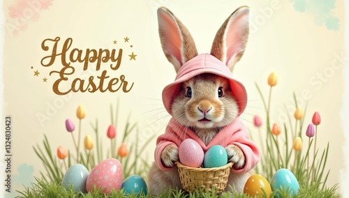 Happy Easter card, Cute rabbit and eggs.