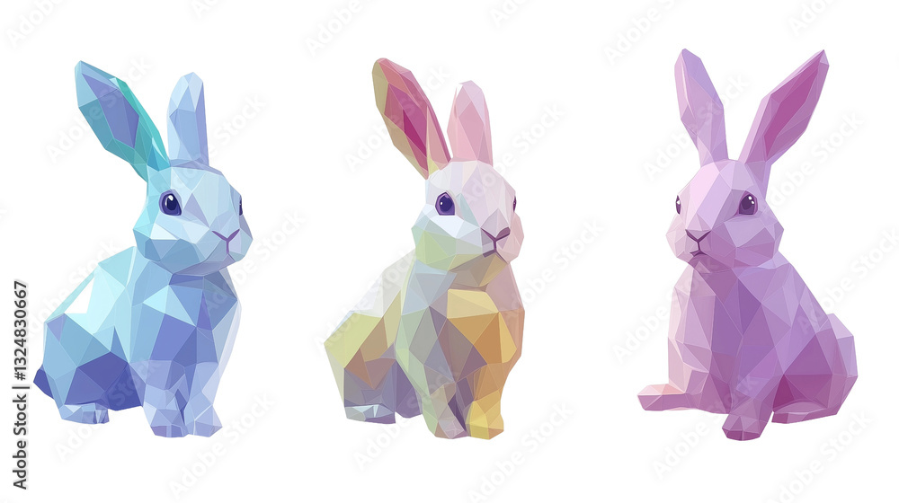 Illustration, set of Low-poly 3D bunny in pastel tones, modern digital aesthetic, clean angles, sleek and artistic composition, isolated on transparent background. Design element for easter card. Illustration, set of Low-poly 3D bunny in pastel tones, modern digital aesthetic, clean angles, sleek and artistic composition, isolated on transparent background. Design element for easter card.