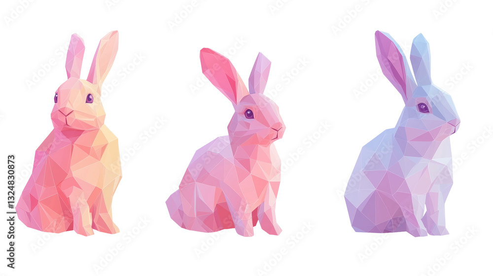 Illustration, set of Low-poly 3D bunny in pastel tones, modern digital aesthetic, clean angles, sleek and artistic composition, isolated on transparent background. Design element for easter card. Illustration, set of Low-poly 3D bunny in pastel tones, modern digital aesthetic, clean angles, sleek and artistic composition, isolated on transparent background. Design element for easter card.