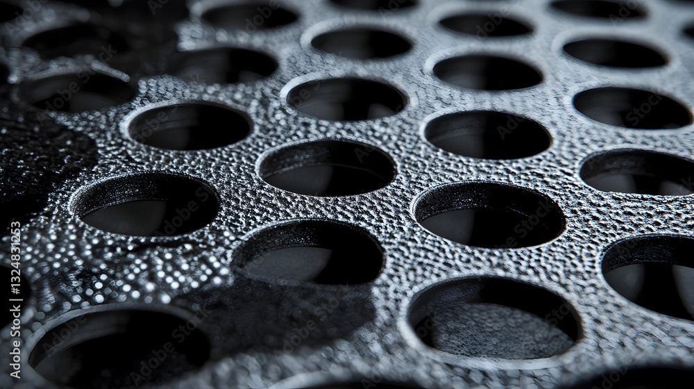 Close-up view of textured black perforated rubber sheet used in industrial applications Close-up view of textured black perforated rubber sheet used in industrial applications