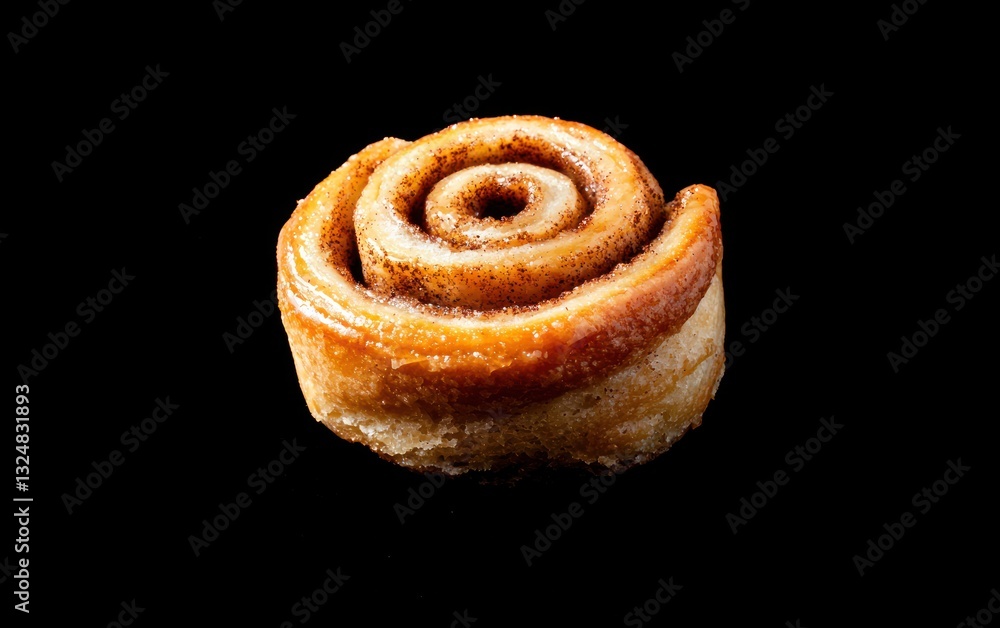 Fototapeta premium Golden Brown Glazed Cinnamon Roll on Black Background