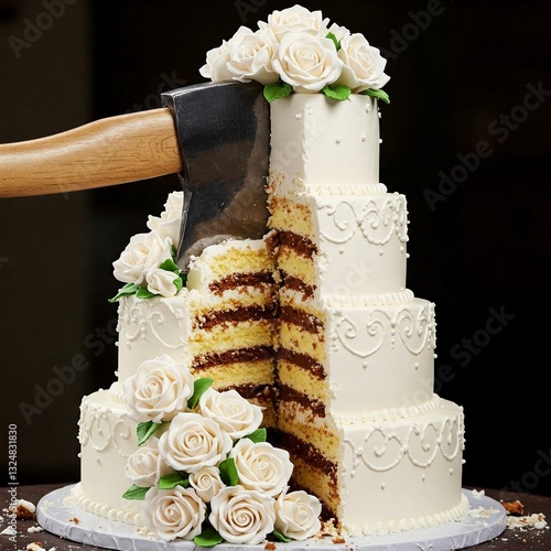 The wedding cake was cut with an axe.