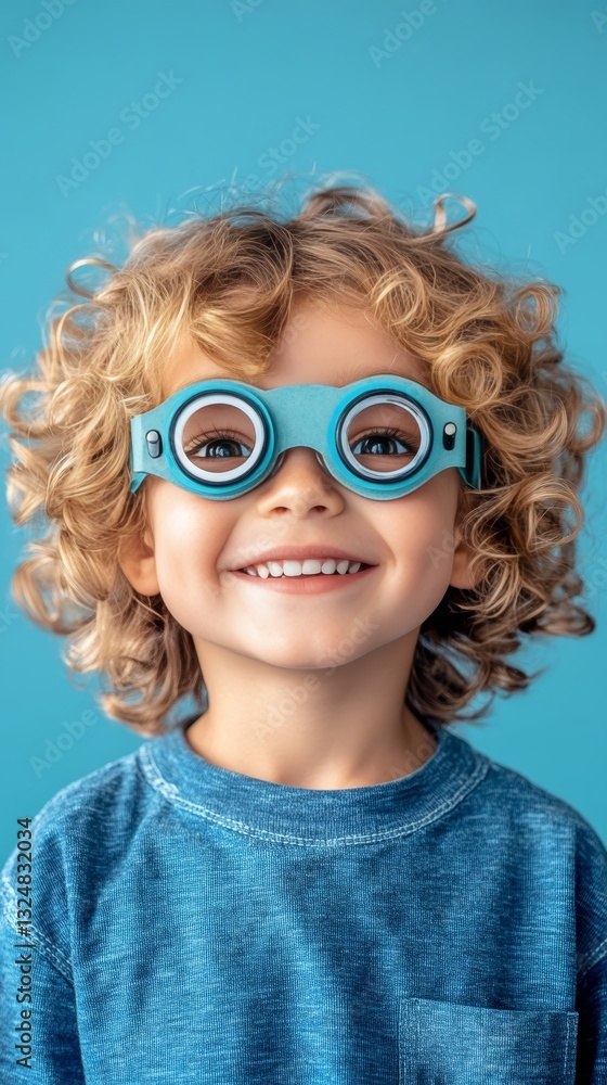 Close Up Portrait of a Happy Child Wearing Blue Eye Examination Glasses, Smiling on Blue Background Close Up Portrait of a Happy Child Wearing Blue Eye Examination Glasses, Smiling on Blue Background