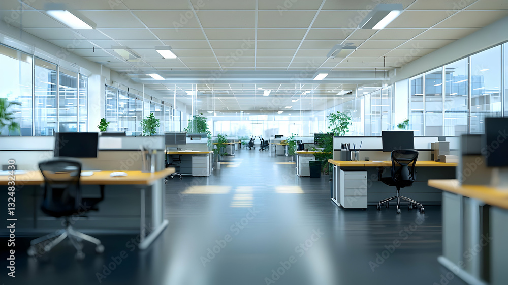 Fototapeta premium Spacious Modern Office Interior Featuring Desks Chairs Computers Plants And Large Windows Providing Ample Natural Light