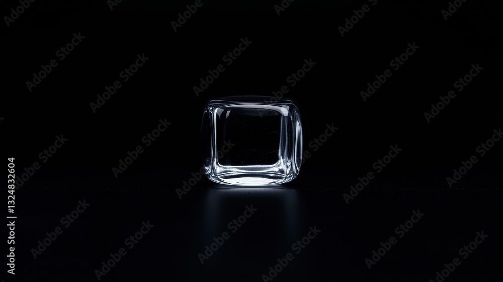 A transparent glass cube with a white interior sits on a black surface. A transparent glass cube with a white interior sits on a black surface.