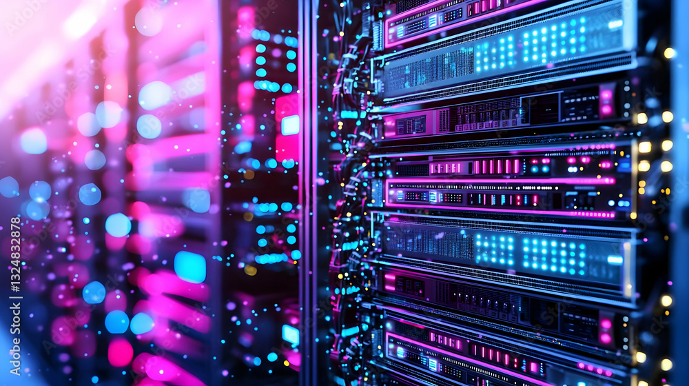 Naklejka premium Close Up of Server Rack With Pink and Blue Lights in Data Center With Blurred Background