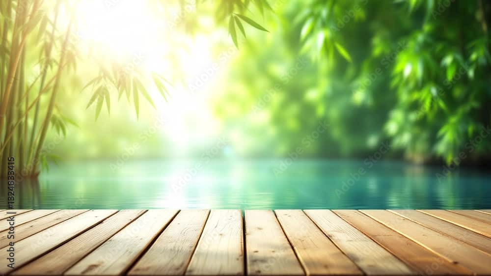 empty wooden jetty over flowing water in front of green blurred background. 4k Video. generated with AI empty wooden jetty over flowing water in front of green blurred background. 4k Video. generated with AI