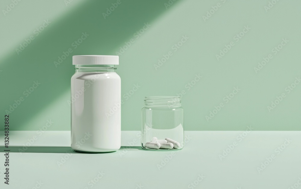 White Pill Bottles and Spilled Tablets on Green Background White Pill Bottles and Spilled Tablets on Green Background