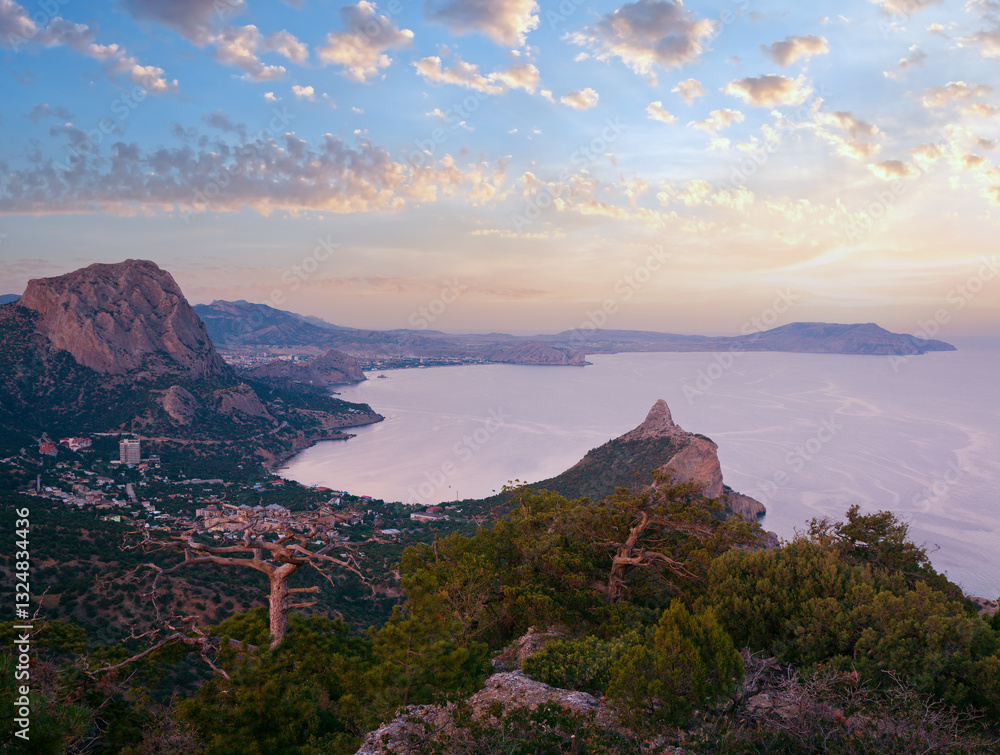 Evening twilight coastline landscape of Novyj Svit reserve (Crimea, Ukraine).