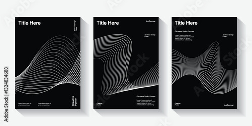 Modern cover design set. Black, white abstract line pattern guilloche curves. Creative wavy stripe vector collection for business background, certificate, brochure template, magazine layout eps