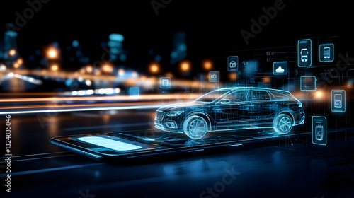 Digital Car Displaying Mobile Technology Interface Over Smartphone Screen in Illuminated City Night